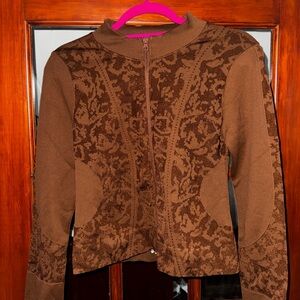 Brown Patterned Fitted Zip-Up Shirt
